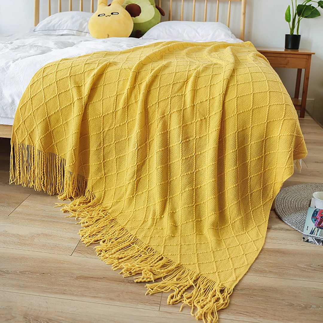 Orange Knitted Throw Blanket with Tassels Oversized Gift Blanket Vintage Decorative Boho Farmhouse Lightweight Travel Blankets