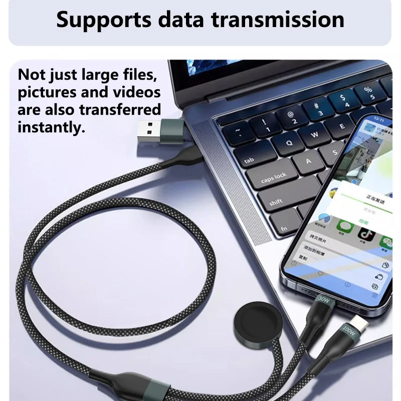 For iPhone Huawei 3-In-1 100W Charging Cable Multi USB Port Multiple Usb Charging Cord Type C Micro Charger Mobile Phone Wire