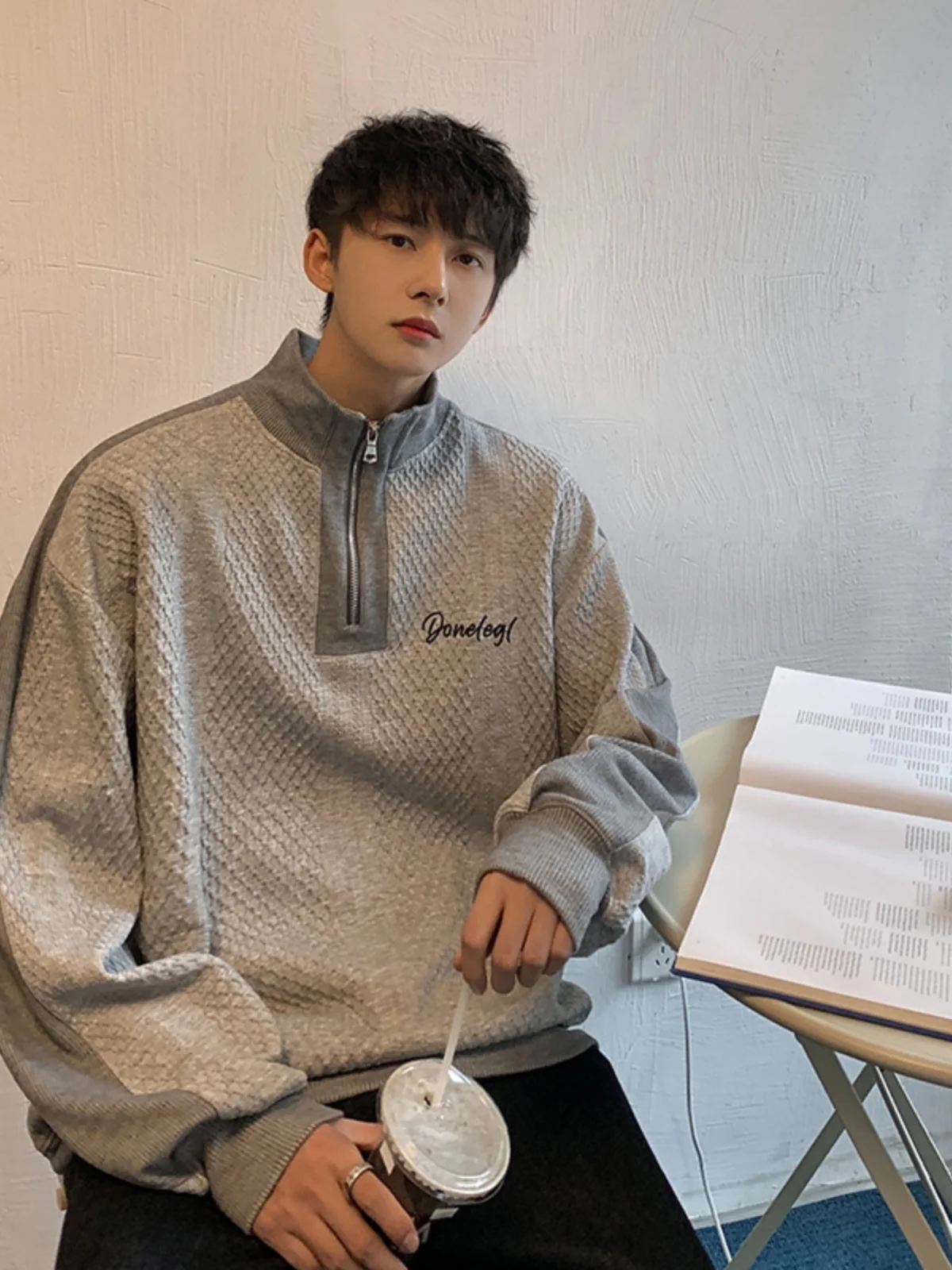 

Men's f High Collar Zipper Hoodie Spring Autumn American Retro Splice Trendy Jaet Casual Loose Fit Polyester Nylon