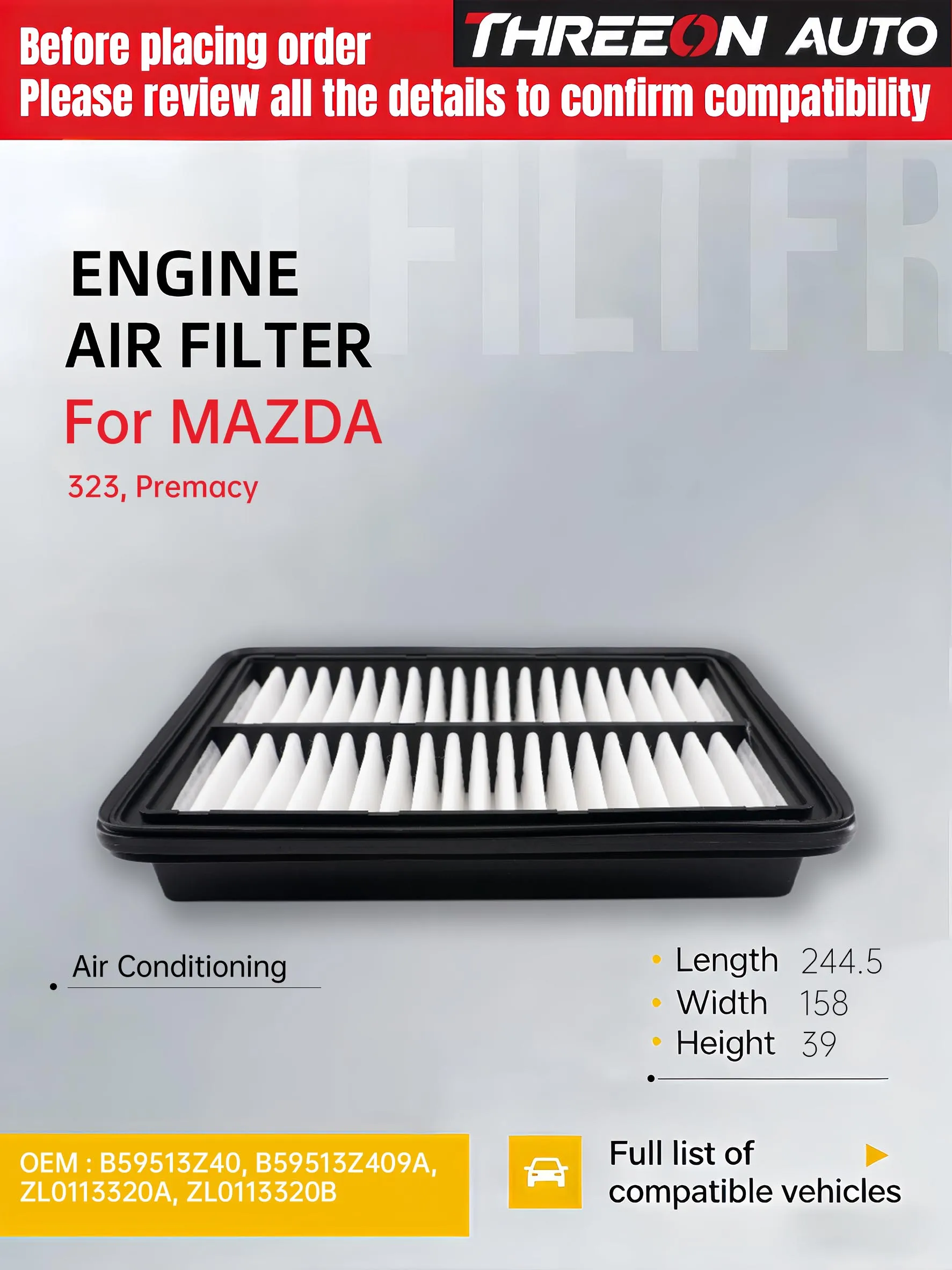 For MAZDA 323C 323S (BA) 1994-1998 323 F 323 S (BJ) 1998-2004 PREMACY 1.9 2.0 (CP) 1999-2005 WESTGUARD Air Filter C2564 MA3060
