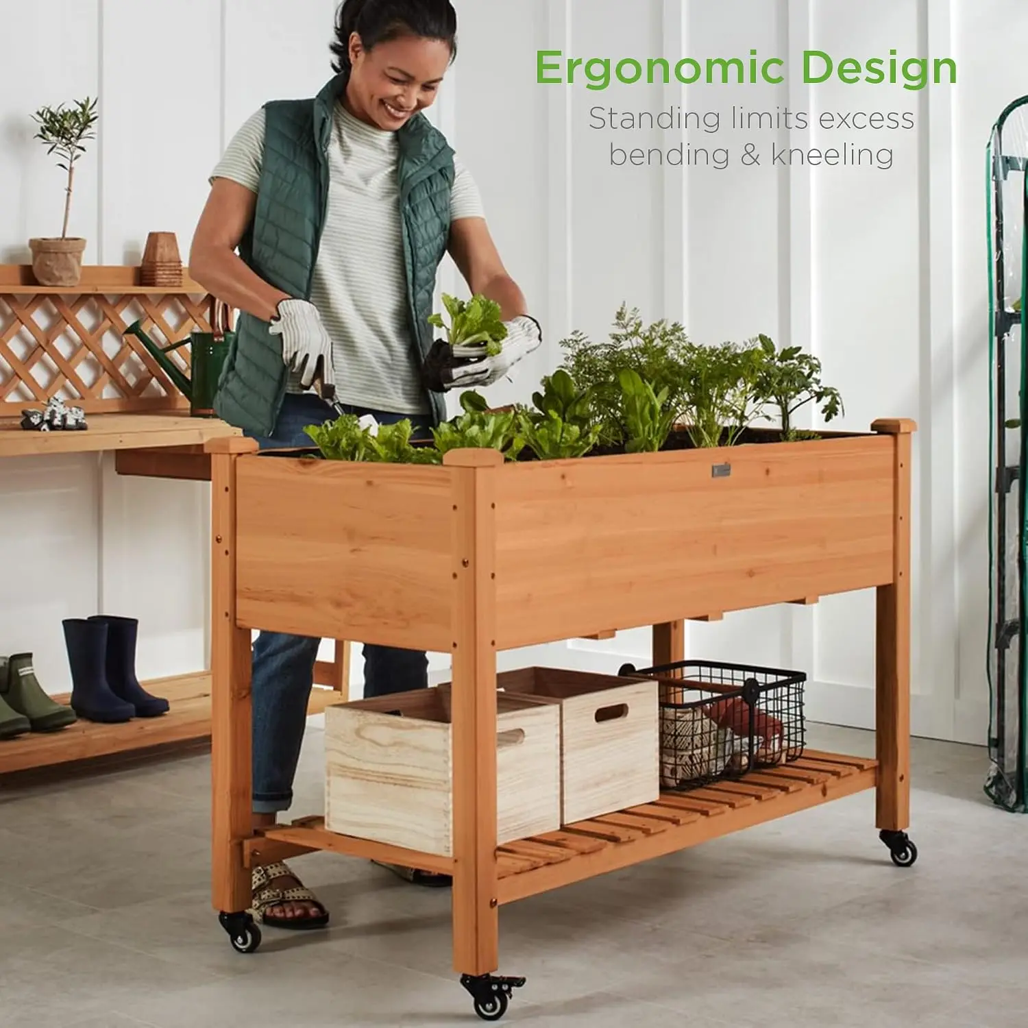 Raised Garden Bed 48x24x32-inch Mobile Elevated Wood Planter w/Lockable Wheels, Storage Shelf, Protective Liner - Acorn Brown