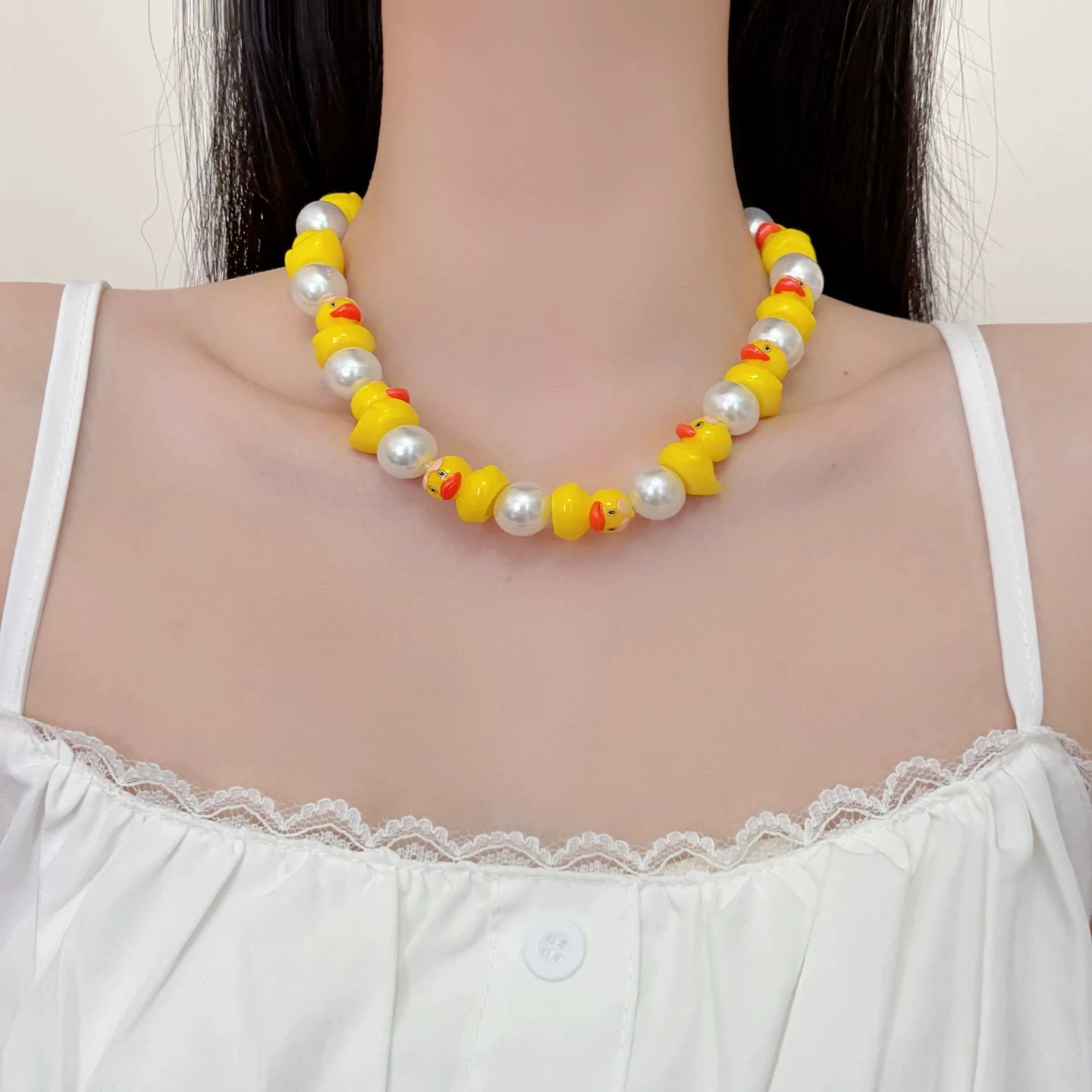 Cute Cartoon Duck Pearl Choker Necklace For Women Sweet Resin Duck Beaded Neckchain Trendy Y2K Party Jewelry Gift NEW