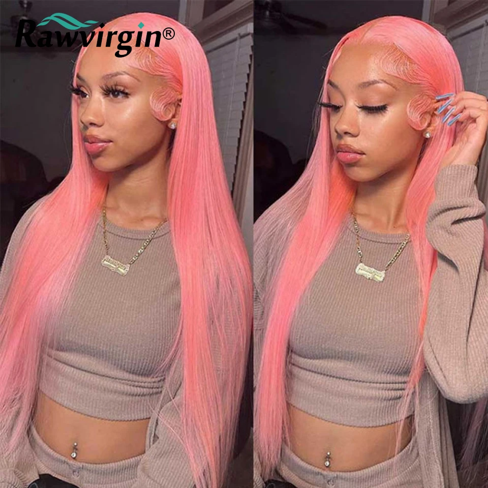 32 Inch Rose Pink Colored 13x4 Human Hair Wig Transparent Lace Frontal Wig Brazilian Remy Hair Lace Front Wig Straight 180%