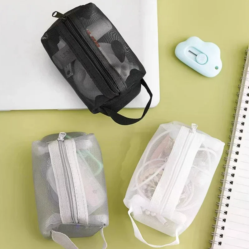 Handheld Square Nylon Mesh Cosmetic Bag Mini Wash Bag Stationery Case Coin Purse Pouch Key Lipstick Earphone Organizer view 2