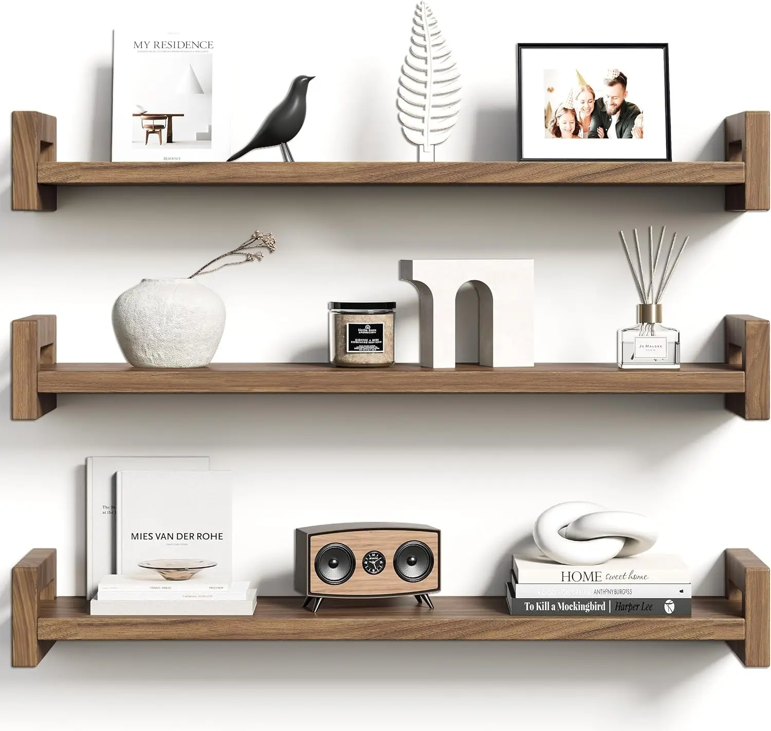 

Set of 3 Solid Wood Floating Shelves, Rustic Walnut Display for Bedroom Living Room Kitchen Decor - Heavy-Duty Natural Pine