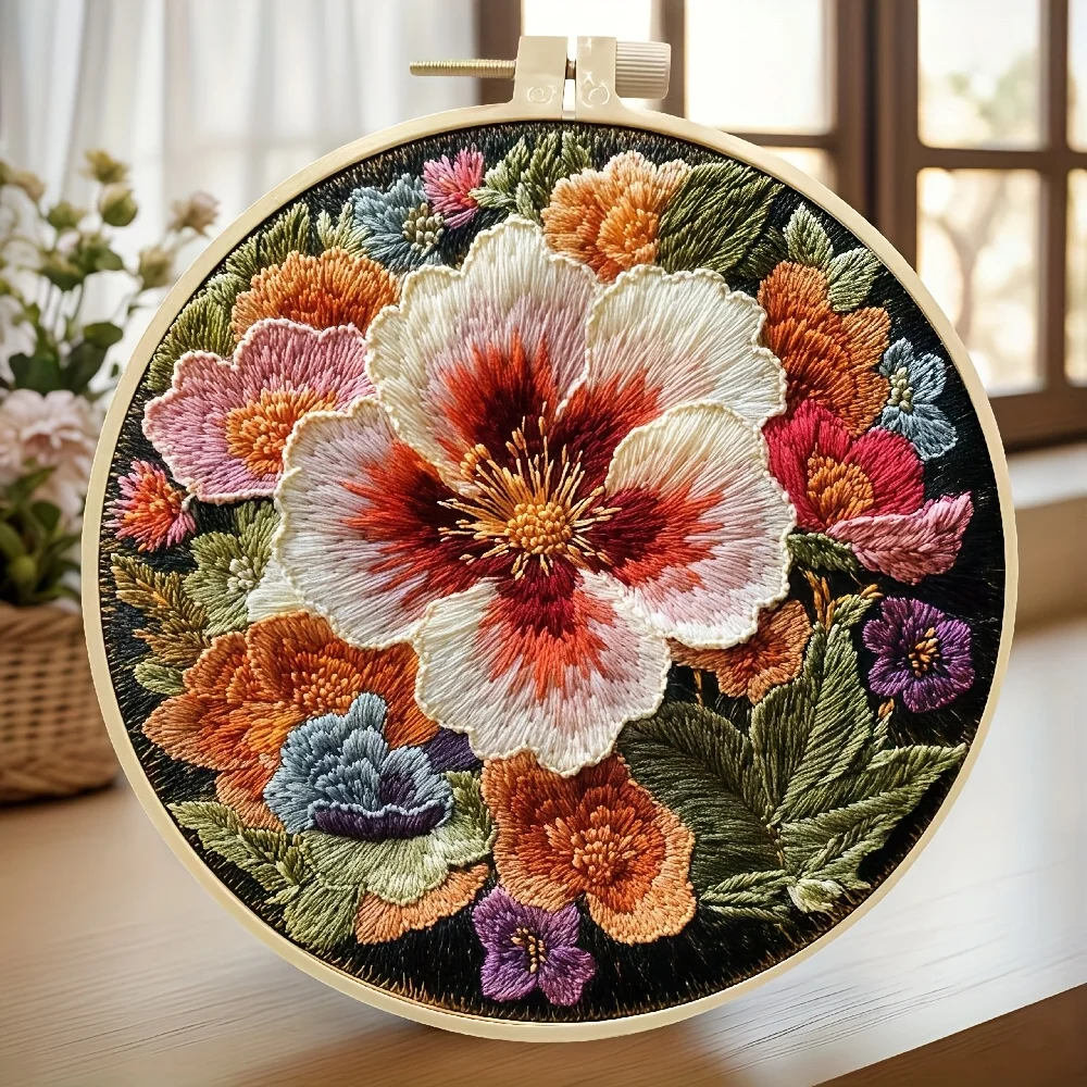 Blumenstickset für Erwachsene, Einsteiger, einschließlich bedruckten Mustern, Nähgarn, Stickringe und Anleitungshandbücher, ist s