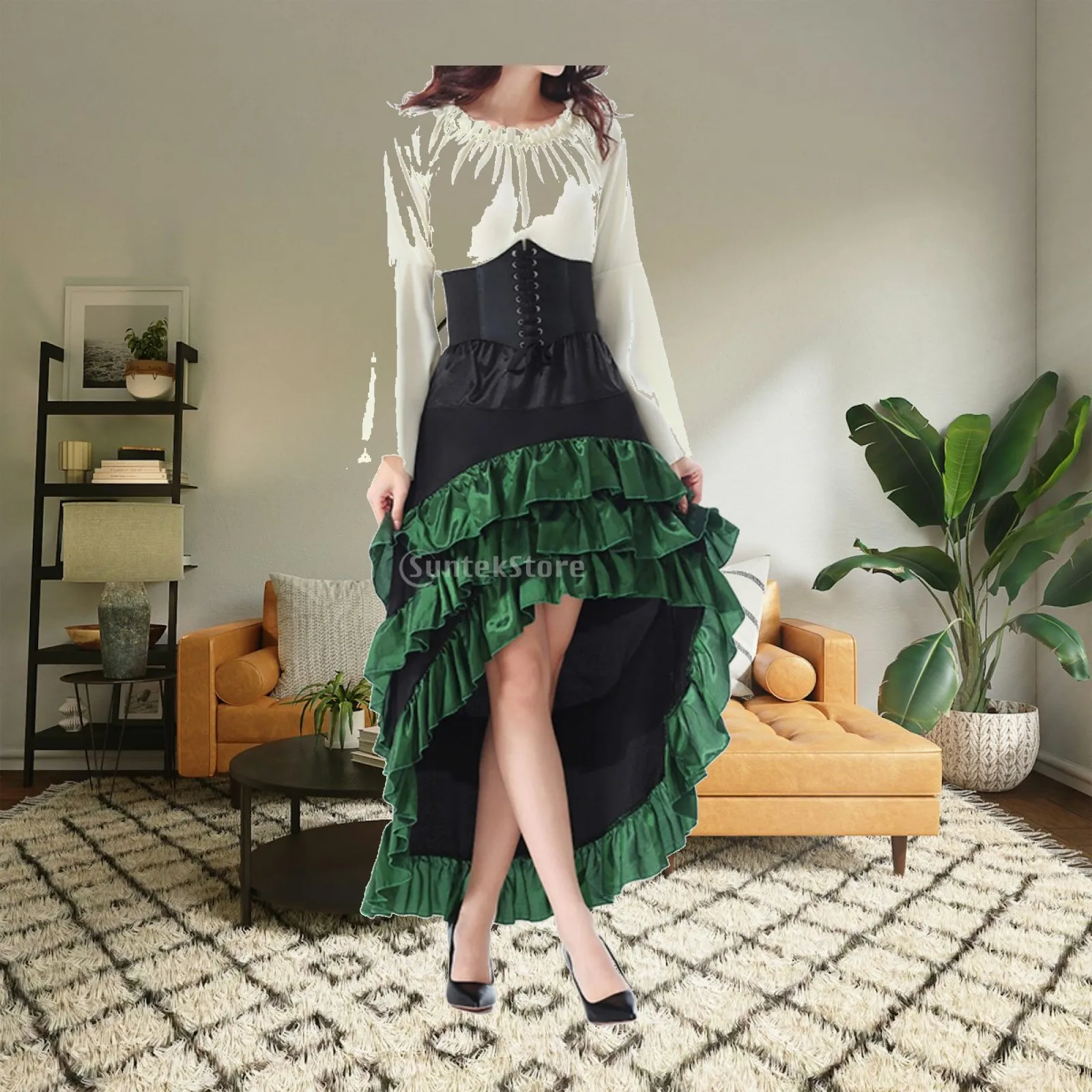Pirate Theme Dress for Women High Low Skirt Costume with Elastic Waist and PU Leather Accent