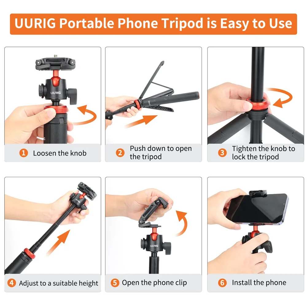 Imagem -05 - Uurig 52 Inch Câmera Phone Tripé Extensível Selfie Stick Tripé com 360 Ball Head 2em1 Clipe de Telefone para Iphone Sony Canon Gopro