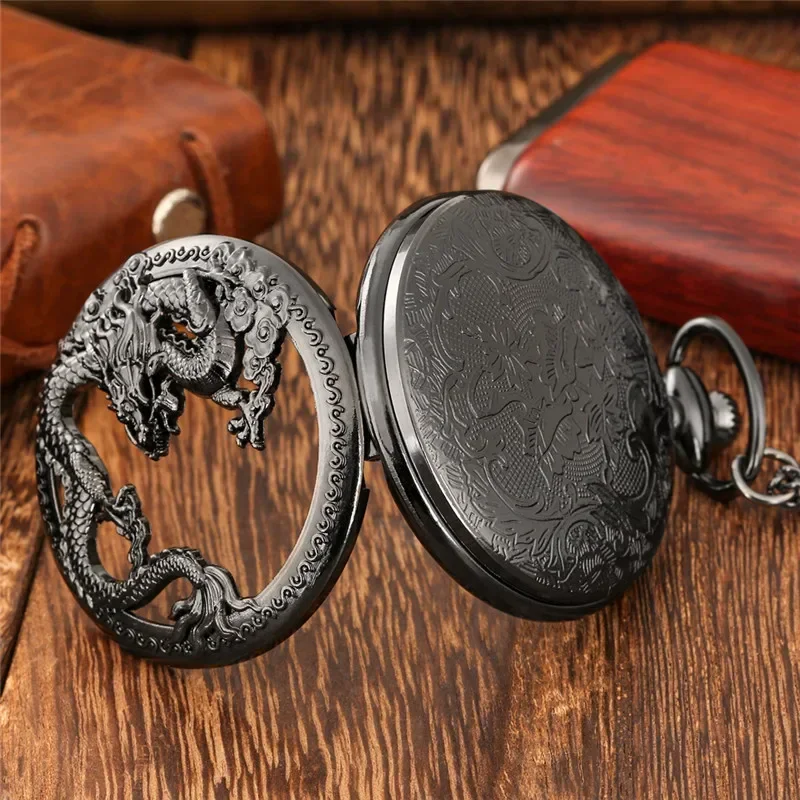 Steampunk Hollow Out Chinese Dragon Design Retro Quartz Movement Pocket Watch for Men Women with Necklace Chain Roman Number