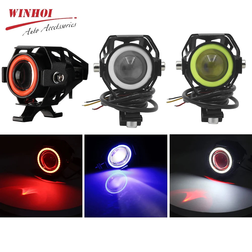 LED Motorcycle Headlight with Angel Eyes Halo Ring White U7 LED Fog Lights Additional Spotlight ATV Motobike Auxiliary Headlight