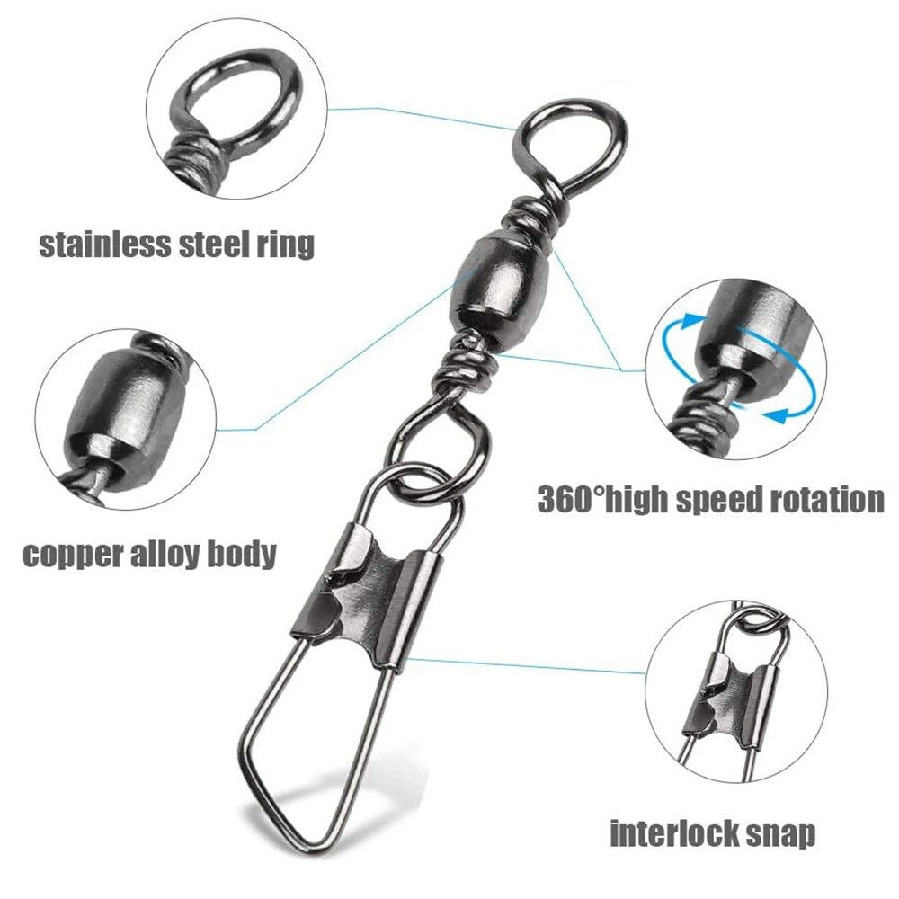 PRO BEROS 50Pcs Fishing Connector Pin Bearing Rolling Swivel Stainless Steel Snap Clips Fishhook Lure Baits Tackle Accessories