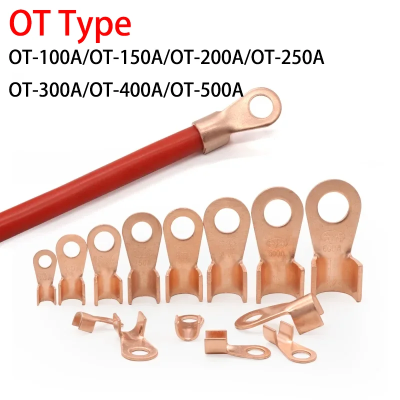 

1/5pcs OT Type 100A 150A 200A 250A 300A 400A 500A Wire Terminal Red Copper Nose Lugs Crimp Open Mouth Cable End Connector Splice