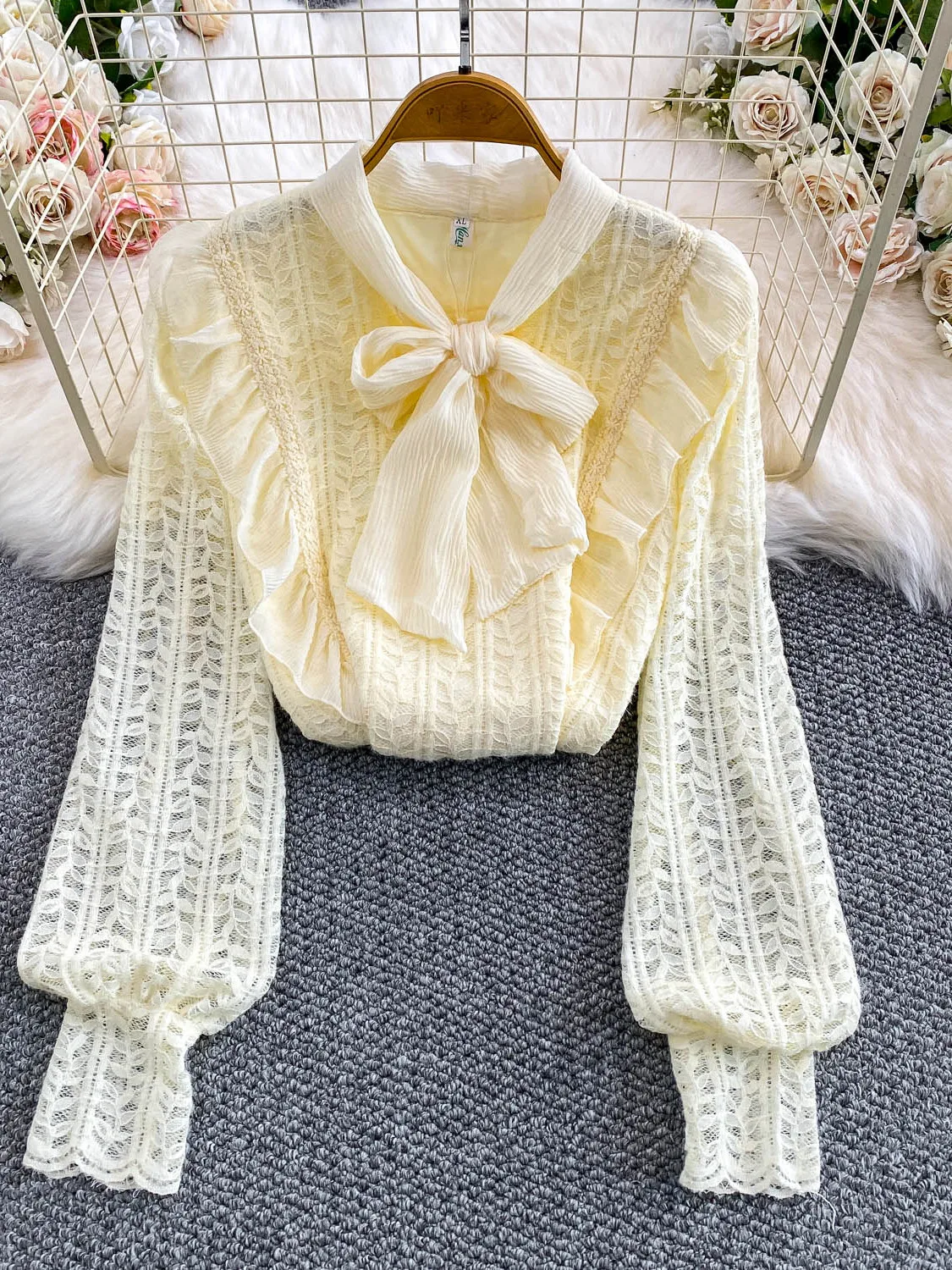 초가을 한국 스타일 여성 브이넥 레이스 매듭 스플라이스 베이스 스위트 레이스 패치워크 롱 셔츠 자외선 차단