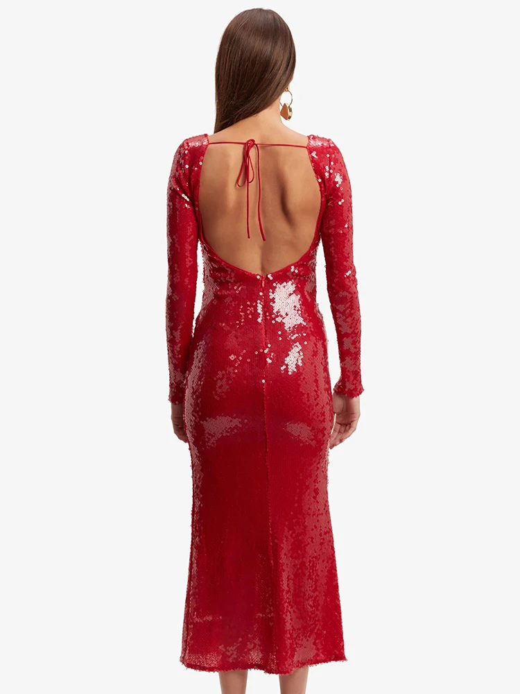 Elegant Luxury Celebrity Party ฤดูร้อนใหม่ผู้หญิงเซ็กซี่ลึก V คอชุดยาวแขนยาวตัด Strings ผูกชุด