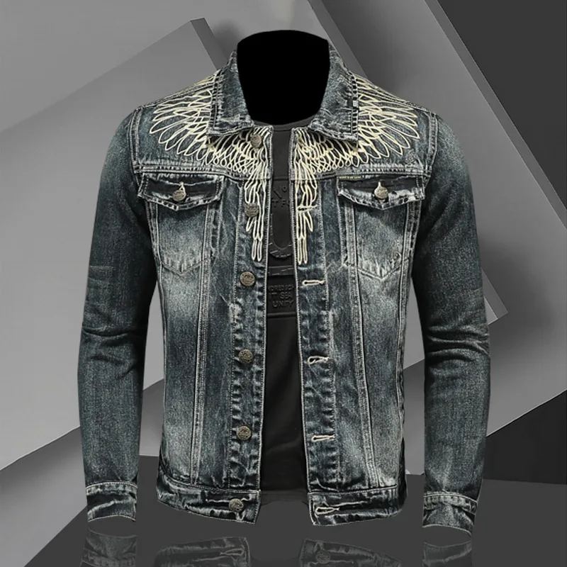 Korean Style New Fashion Men Retro Blue Turn-down Collar Long Sleeve Single Breasted Loose Simple Trendy Denim Jackets Male Coat