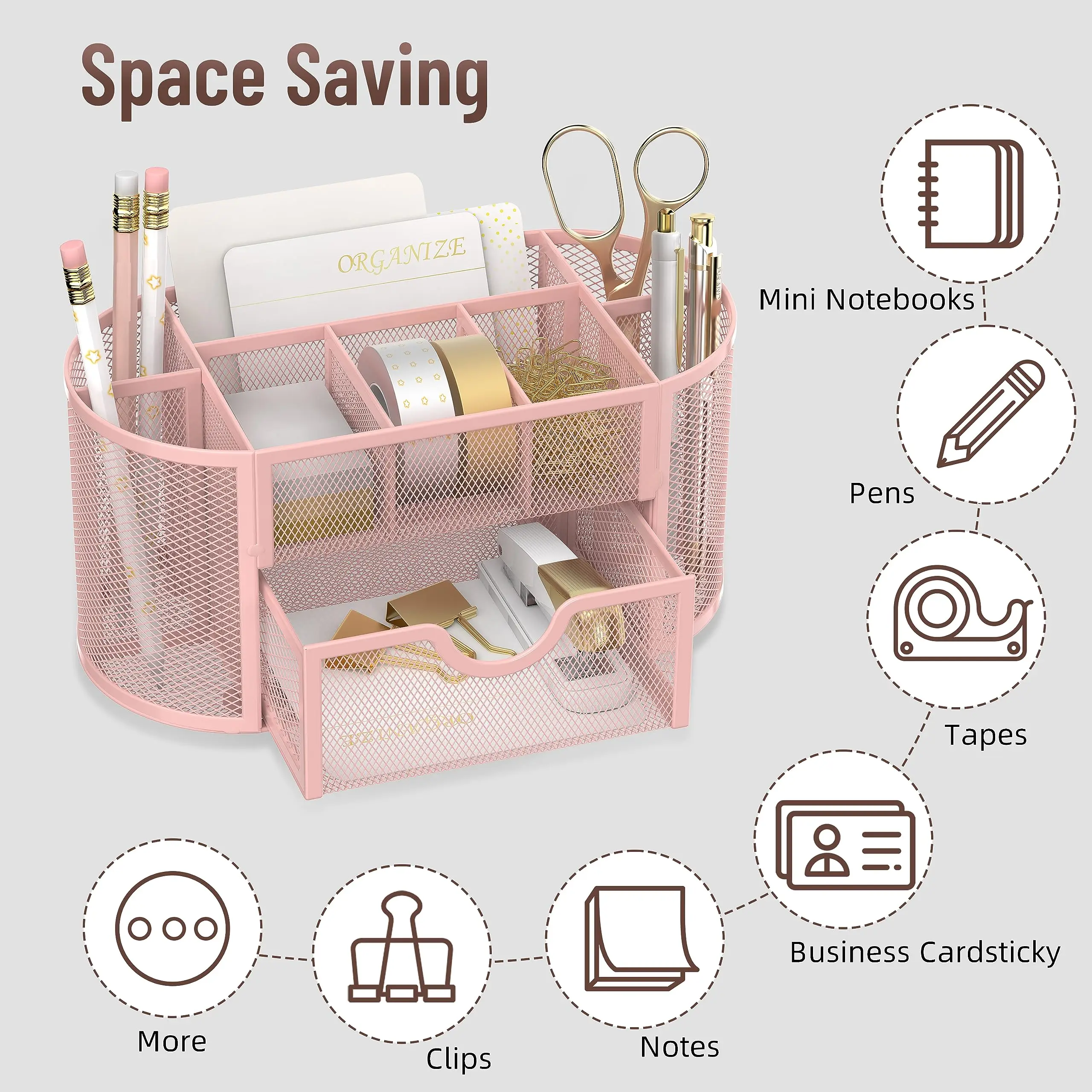 Mesh Desk Organizer, Desk Accessories & Workspace Organizers with Drawers, Pencil Holder for Desk with 9 Compartments for Office