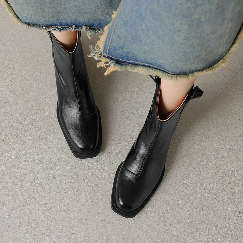 2024 New Genuine Leather Women Boots Winter Slip-On Carved Brogues Chelsea Boots Ankle Boots Women Shoes Modern Ladies Shoes