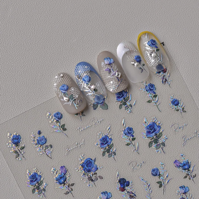 Vintage Red & Blue Rose Flower Laser Gold Silver Nail Stickers Nail Art Decal Design Manicure Tool High Quality