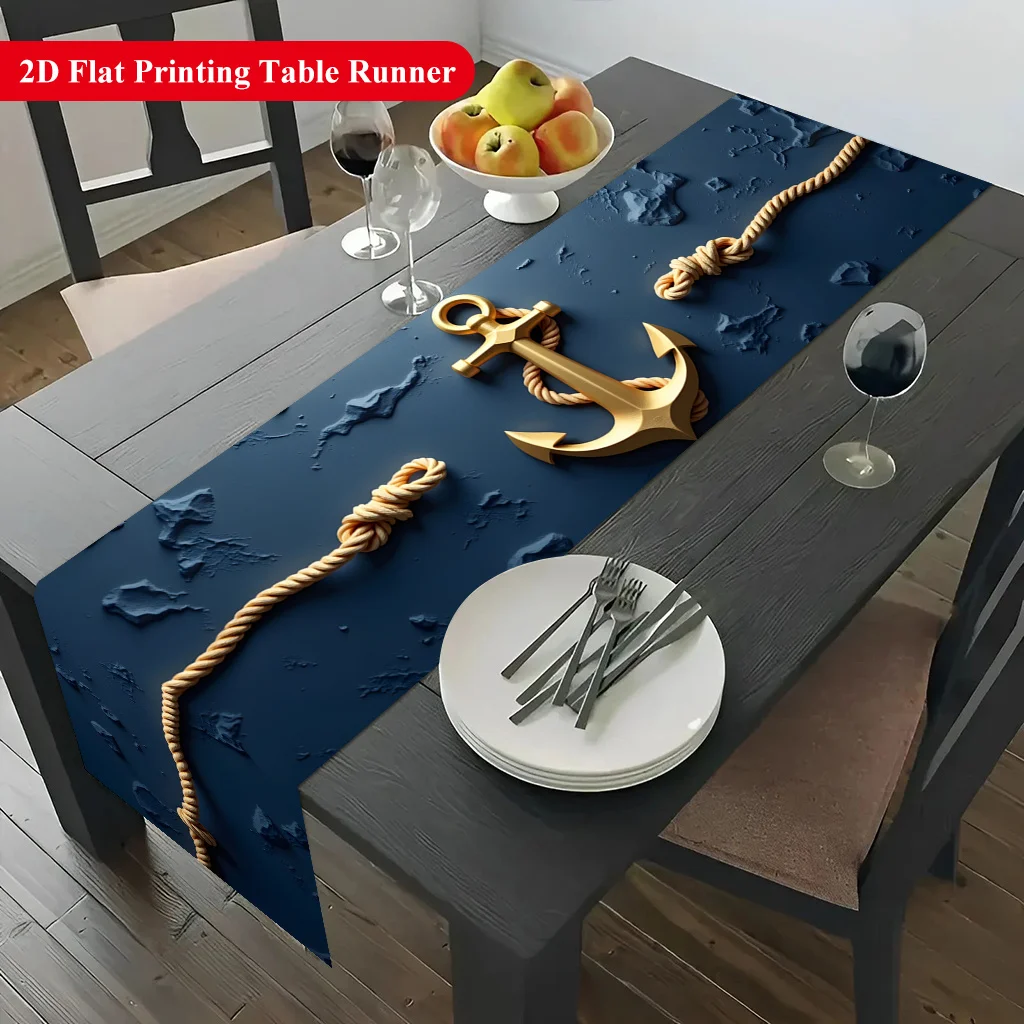 Golden Anchor & Rope Table Runner - Vibrant Festive Decor for Dining & Coffee Tables, Home Parties, Kitchens & Holidays