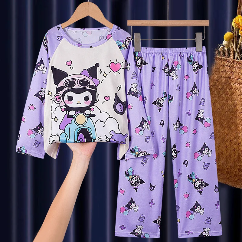 2pcs Kid's Sanrio Kuromi Milk Silk Pajamas, Long Sleeve Top & Pants Set, Cinnamoroll Pattern Comfy Set, Girl's Loungewear