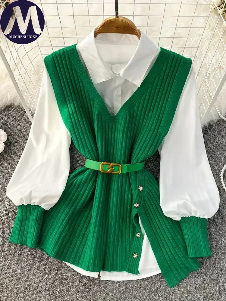 Camicia e camicetta con risvolto a maniche lunghe Camicia bianca Top alla moda Cintura con scollo a V Gilet lavorato a maglia, Casual, Primavera, Autunno Nuovo, Set da 2 pezzi