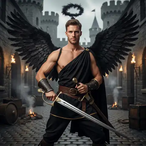 Mens Angel Cosplay Costume One Shoulder Shorts Jumpsuit with Feathery Wing Headwear for Stage Performance Dance Show Party Event