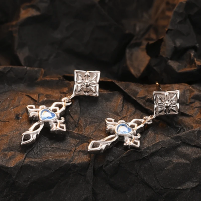 S925 Sterling Silver Earrings for Women New Fashion Hollow Eternal Rattan Cross Inlaid Blue Zircon Ear Studs Christmas Gift