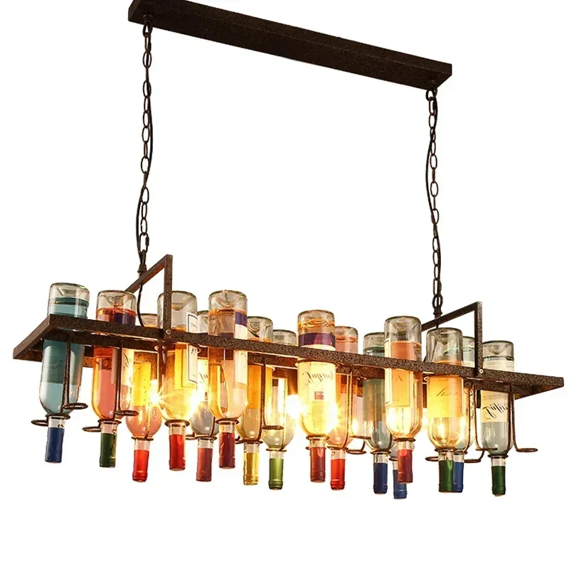 Vintage Retro Wine Bottle Iron LED Pendant Light LOFT Hanging Creative Chandelier Bar Restaurant Cafe Kitchen Decor Pendant Lamp