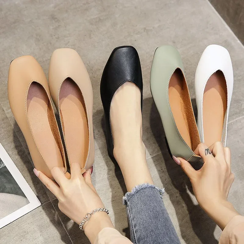 Autumn Women\'s Single Shoes Slip on Soft Sole Casual Shoes Office Lady Leather Shoes Loafers Fashion Square Toe Shallow Flats