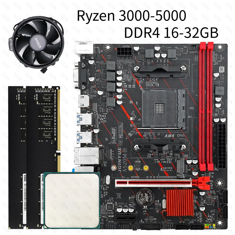 JGINYUE A520M اللوحة الأم وحدة المعالجة المركزية مجموعة AM4 Ryzen كيت مع معالج ثنائي القناة DDR4 3200MHz برودة دعم M.2 NVME 4 * SATA3.0 WIN11