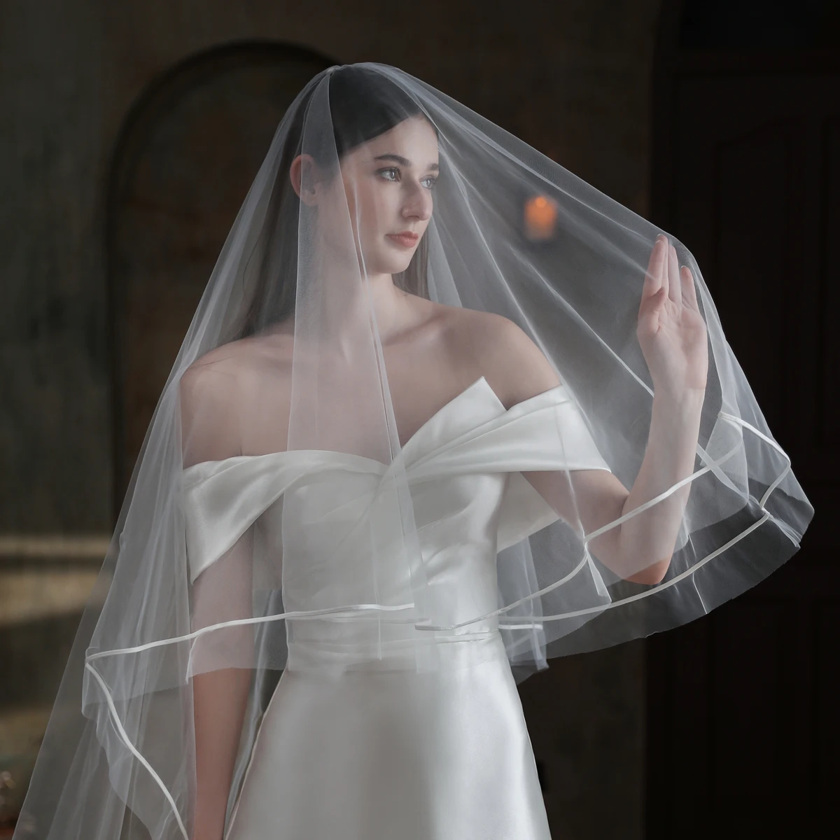 V864 Bridal Cathedral Handmade Veil for Wedding Dress Two-Layer Soft Tulle Ribbon Edge Long Brides to be Headdress Veil