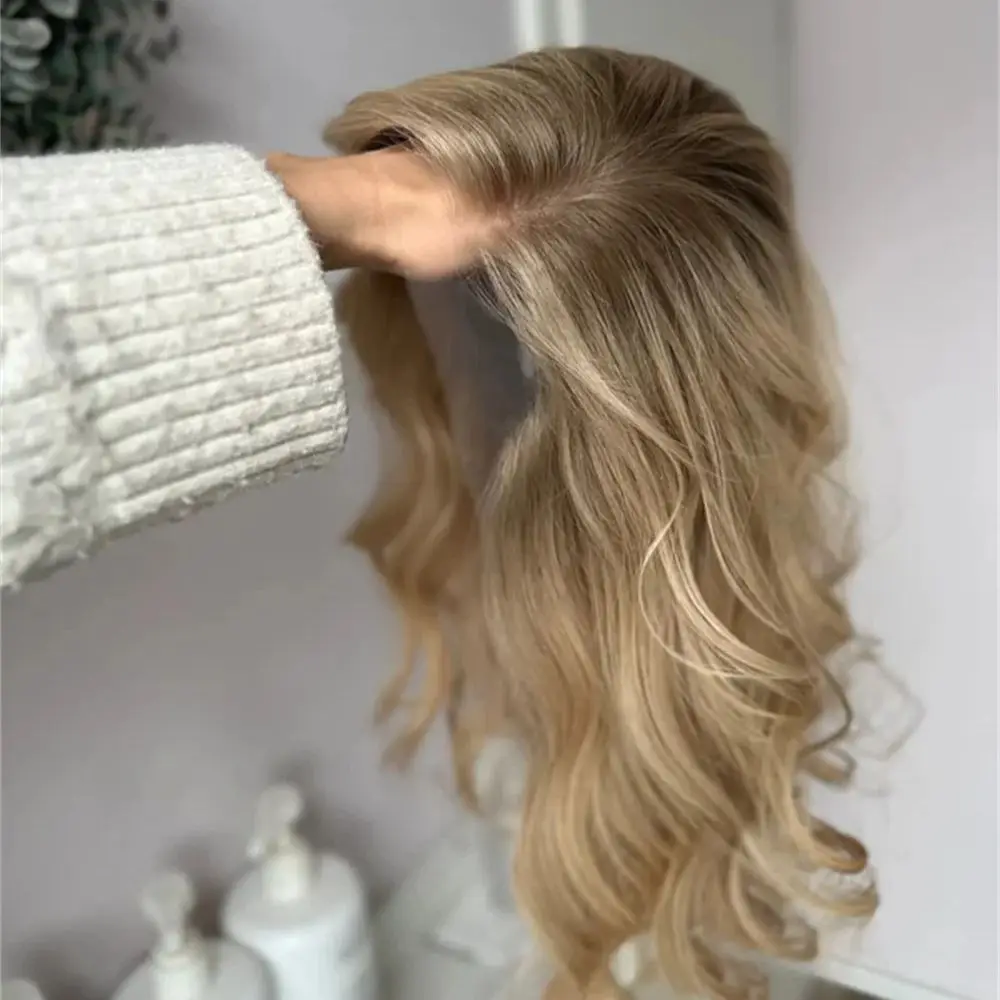 

Золотисто-русый парик с эффектом балаяж и коричневыми корнями, 13x4, с кружевной передней частью, короткие волны, из синтетического волокна, легко надевается, без клея, реалистичный вид