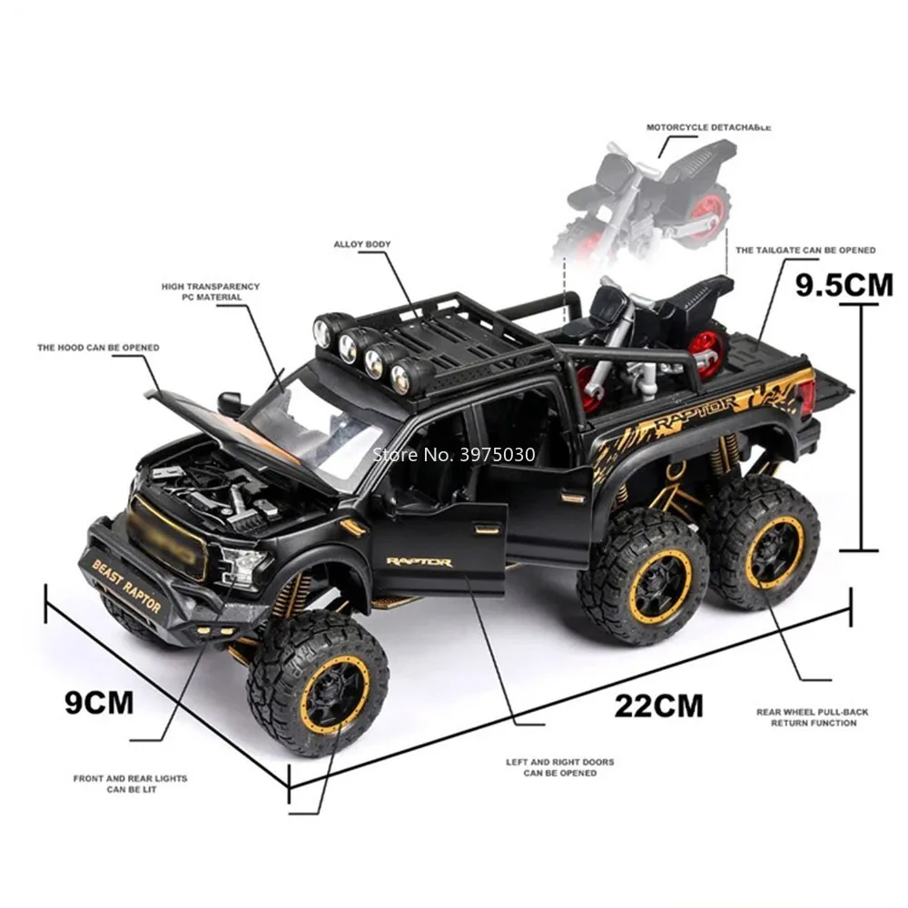 1:28 Raptor F-150 Police Car Off Road Toy Model Alloy Diecast Doors Opened Pull Back 6 Wheels SUV Vehicles for Collectible Gifts