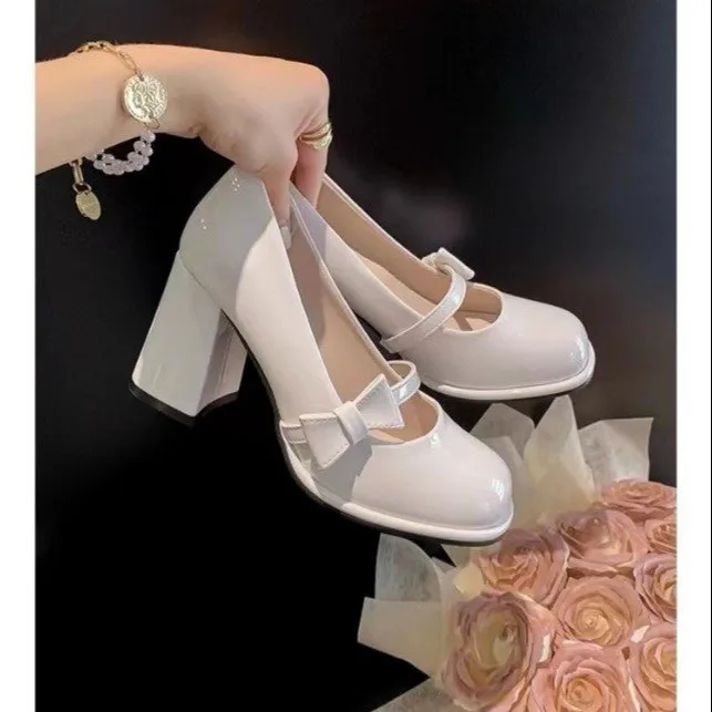 White shoes Heels Pink Lolita shoes heels Women Mary Jane  Vintage High Heel Japanese Style Black College Student Shoes