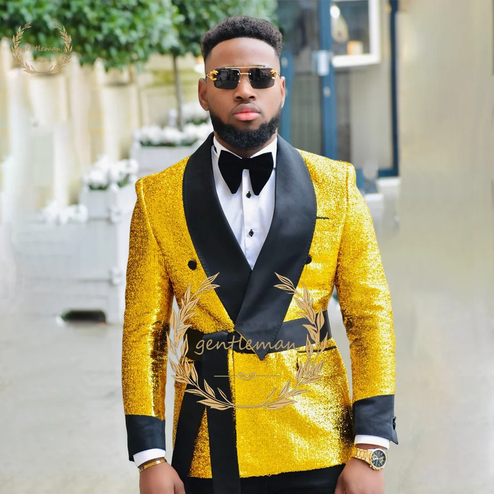 

Men's Gold Sequin Tuxedo Suit 2 Piece Set (Jacket + Pants) Customized Host Wedding Party Elegant Fashion Set