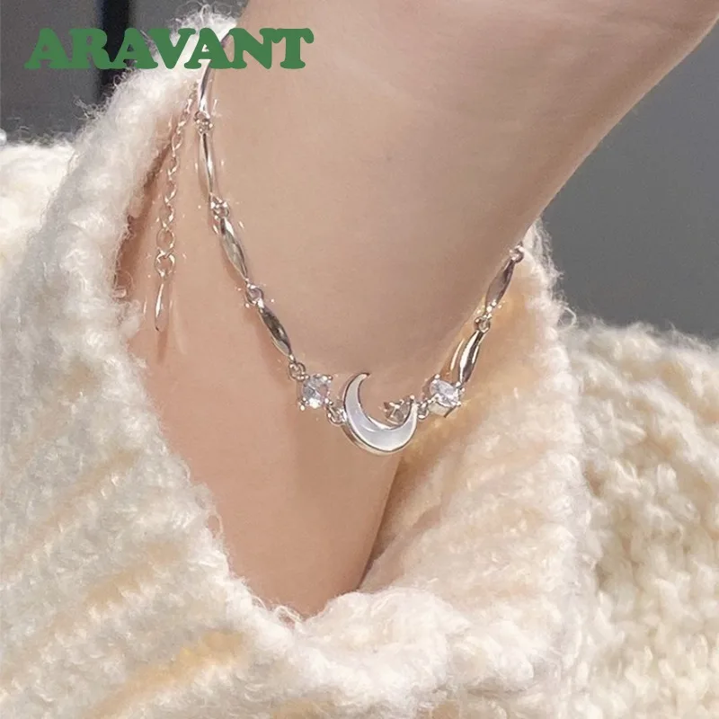 ARAVANT 925 Silver Moon Zircon Bracelets Chains For Women Wedding Fashion Jewelry