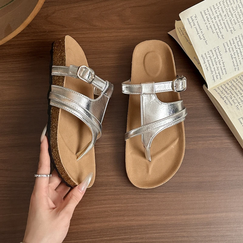 أحذية نسائية صيفية كلاسيكية صنادل نسائية مسطحة بسيطة وعصرية شباشب من الفلين غير رسمية ومريحة شباشب للشاطئ #3