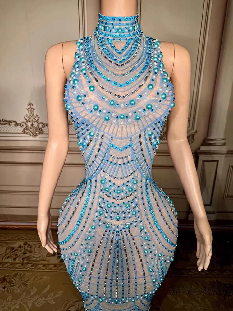 High Quality Rhinestone Blue Sexy Mesh Vest Dress 2025 New Fashion Custom Women'S Clothing