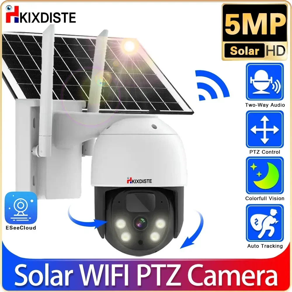 5MP Wifi PTZ Solar Outdoor Security Rechargeable Battery Camera Waterproof EseeCloud Smart Monitoring PIR Detection Solar Camera