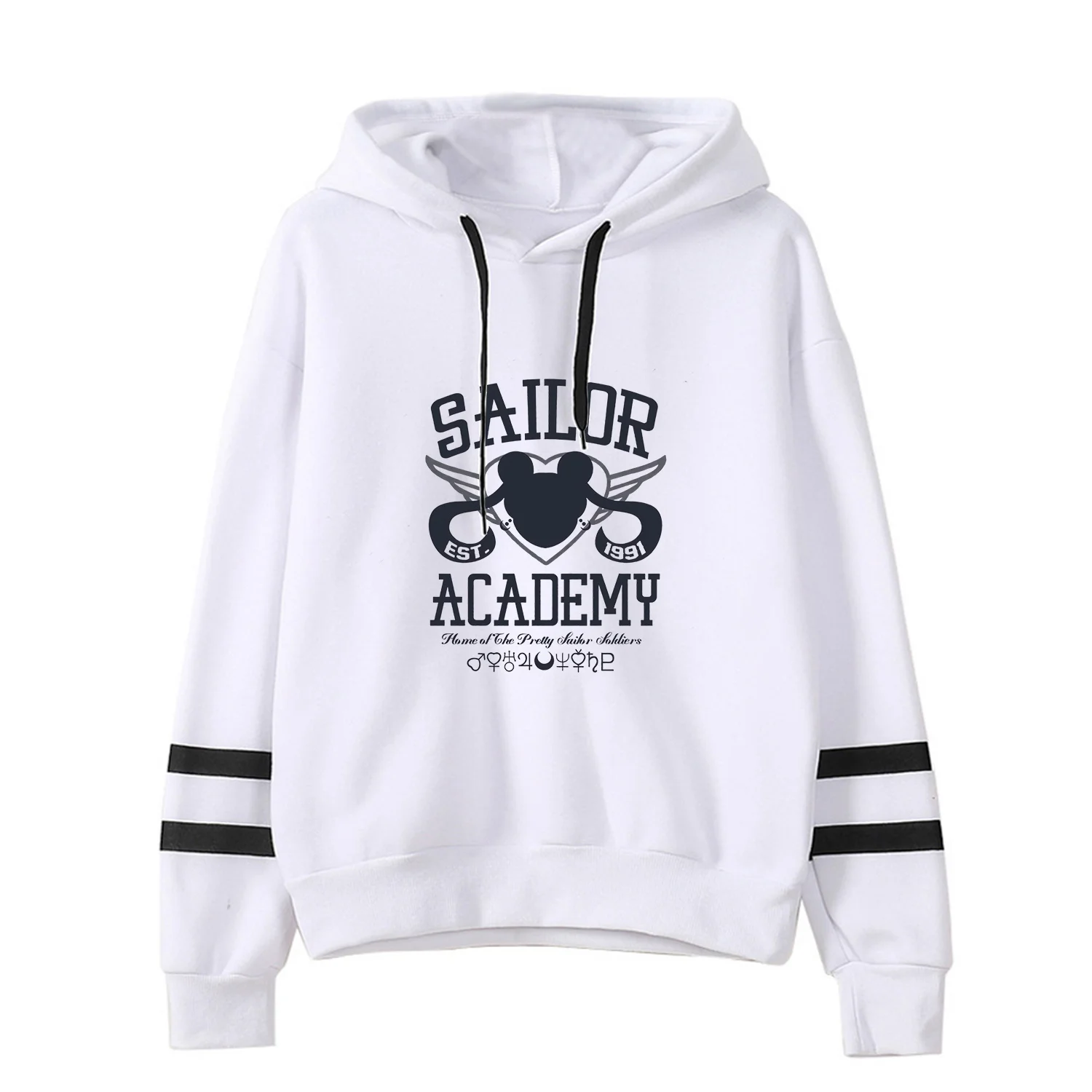 Sailor Moon Hoodie for Women White Black Long Sleeve Anime Printed Hooded Striped Sweatshirt Y2k Casual Sporty Adult Clothing