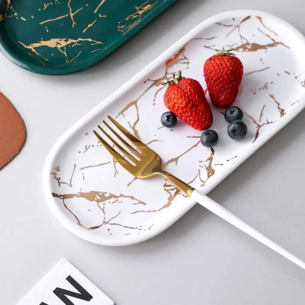 Marble Texture Nordic Marble Tray Glazed Golden Pattern Oval Shape Western Dish Porcelain Material Luxury Design