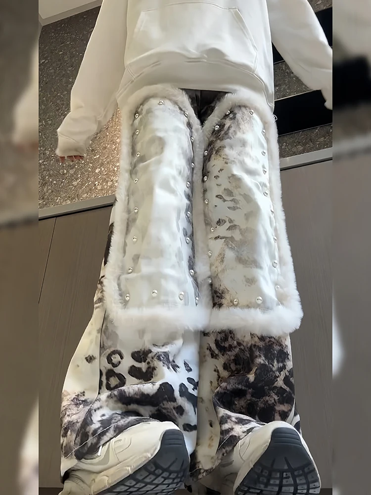 

Модные женские джинсы в стиле ретро с американским дизайном, леопардовым принтом и цифровой печатью, с шерстяными вставками, в пол, для уличного стиля