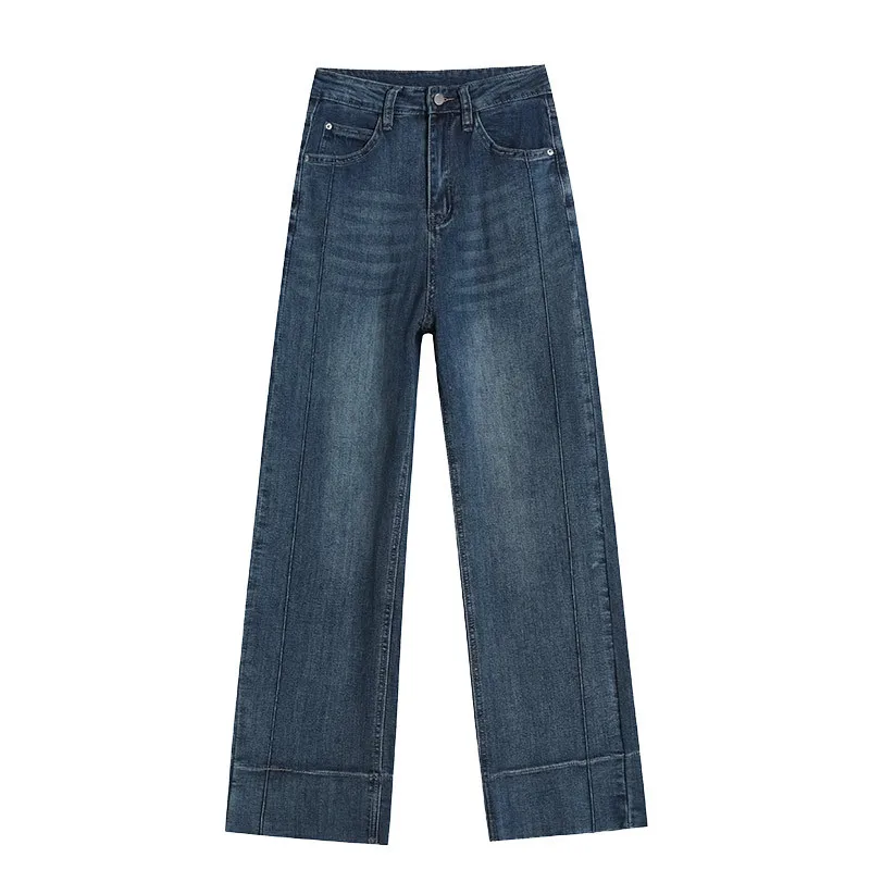 Washed Dark Blue Denim Straight Leg Pants, Women's Spring Autumn New Loose Nine-minute Elastic Narrow Version of Wide Leg Jeans