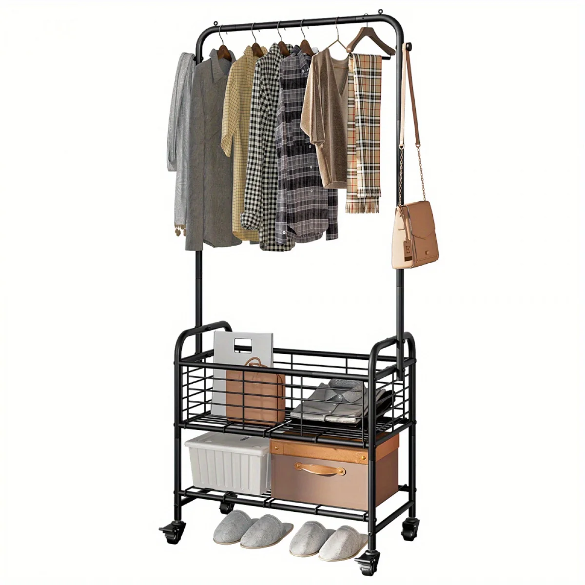 

Rolling Laundry Basket with Wheels | Sorter Cart with Shelf and Hanging Rack, Black, Steel Material by INGIORDAR