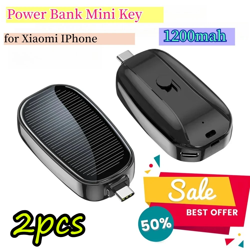 

2pcs 1200mAh Solar Power Bank Mini Key Ring for Xiaomi IPhone Huawei Samsung Phone External Spare Battery