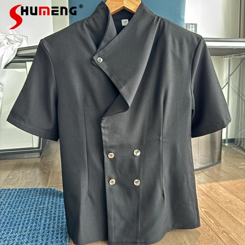 

Men's 2025 Summer New Loose High-End Tops Padded Shoulder Chic Shirts Double-Breasted Irregular Short Sleeve Solid Color Shirts