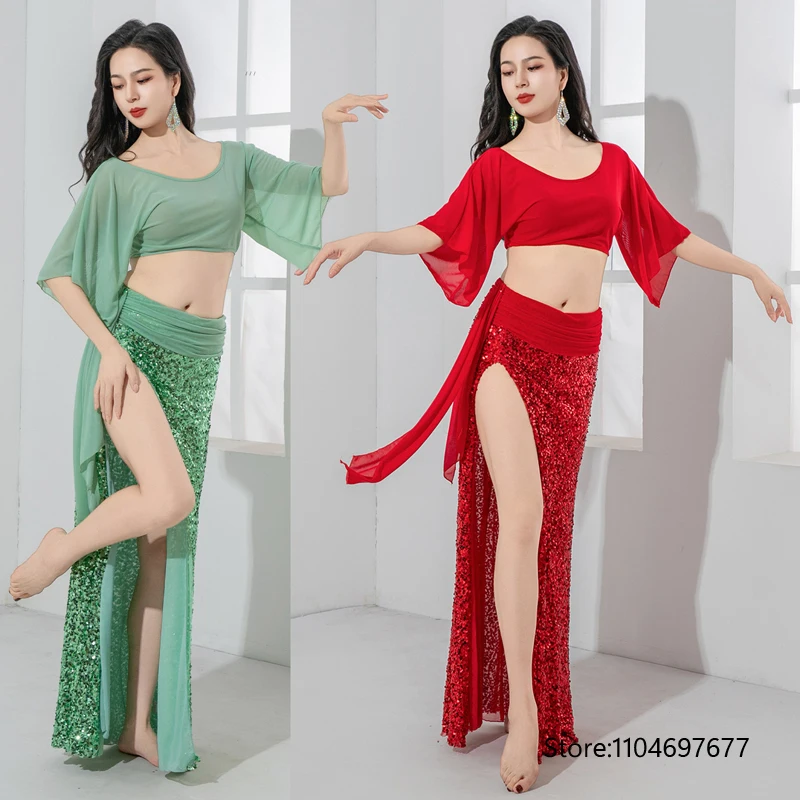

Костюм для восточных танцев для женщин: топ с короткими рукавами + длинная юбка с пайетками, 2 предмета, профессиональная одежда для взрослых для занятий восточными танцами.