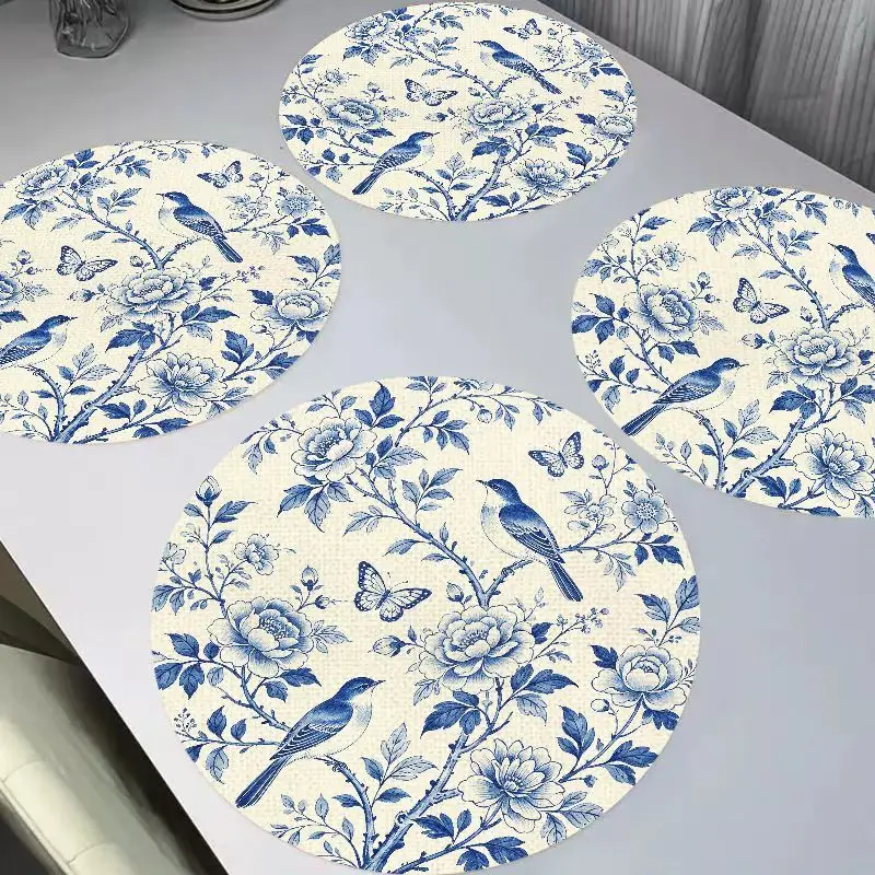 Blue White Porcelain Bird Butterfly Chinoiserie Round Placemats Heat Resistant Washable Non Slip Oriental Dining Table Decor