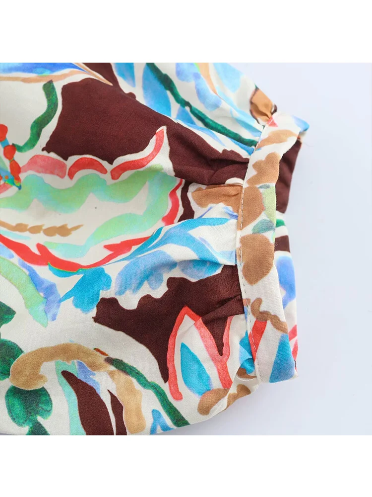 TRAF Fashion Ladies Floral Print Dress Elegante V-neck Lantern Half Sleeve Long Dress Casual Loose Hollow Out Sexy Midi Dresses