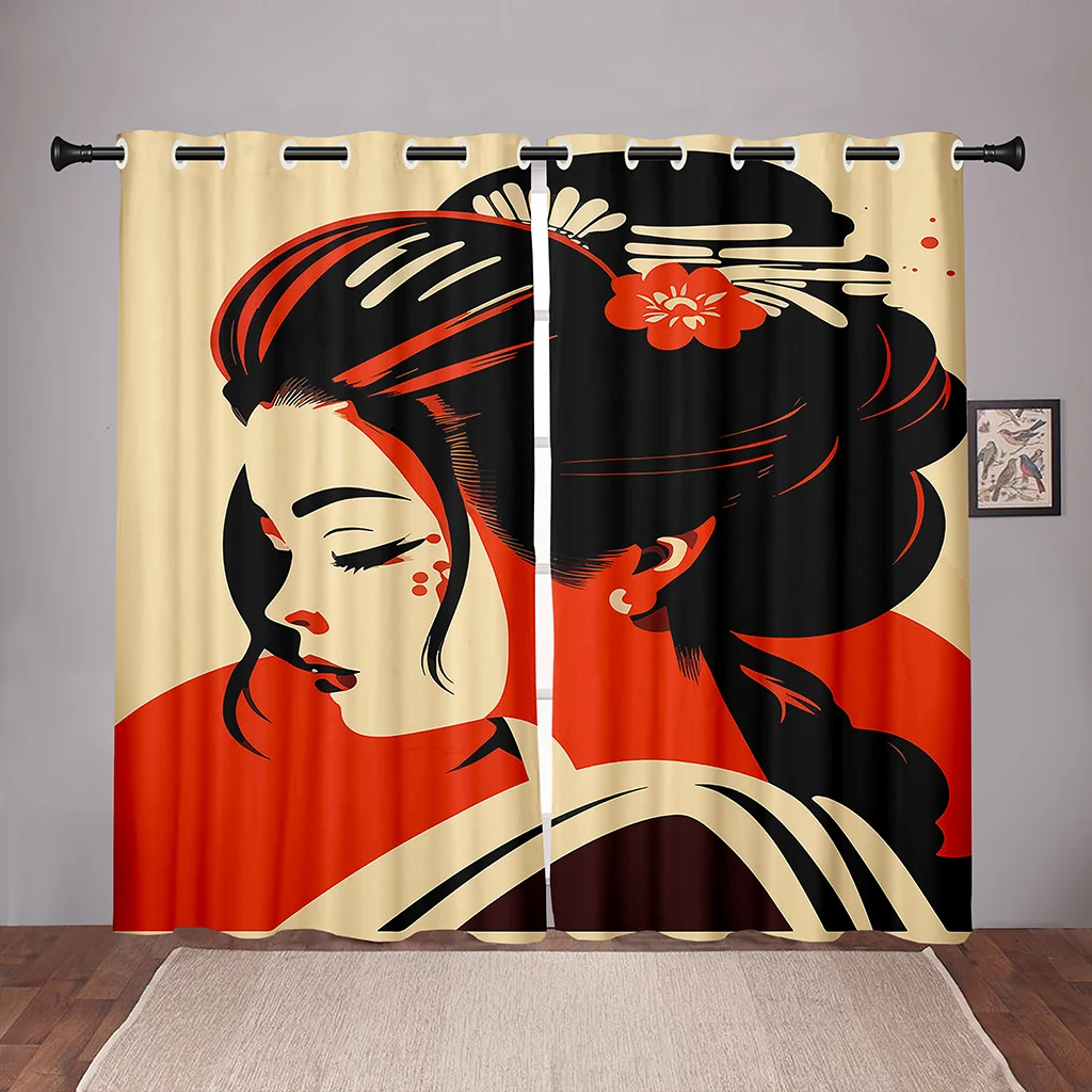 

Japanese Traditional Woman Geisha Girl Checkerboard Window Curtains Kids Bedroom Living Room Hall Treatments Kitchen Decor Drape